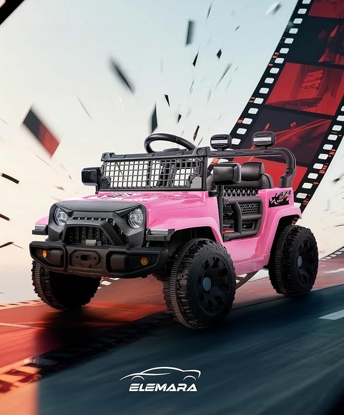 ELEMARA Kids Ride on Car, 12V Ride on Toys w/Remote, Electric Cars for Kid w/Bluetooth, LED Lights, Battery Car for Toddlers, Battery Powered Off-Road Vehicle w/Shock Absorbers, Kids Driving Car-Pink