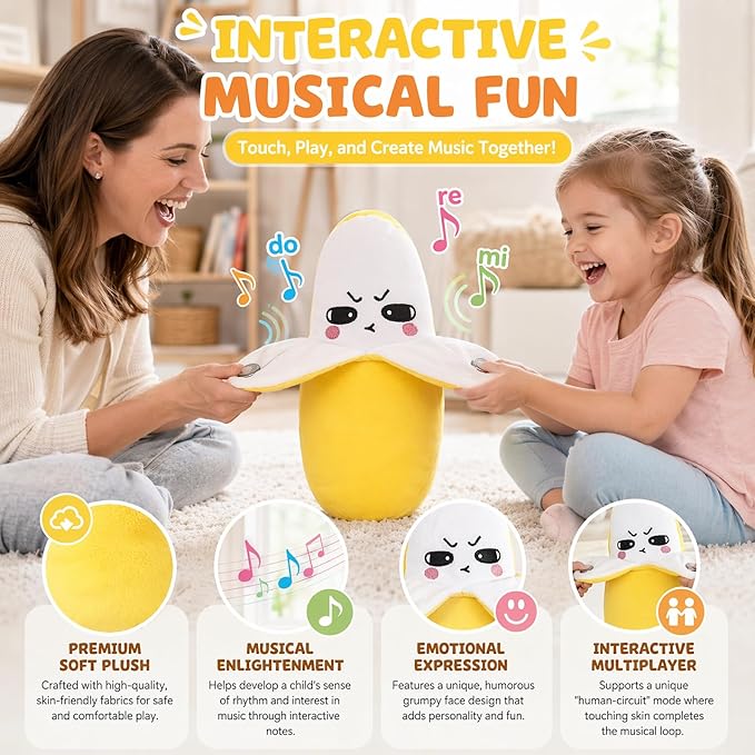 Interactive Music Plush Toy Set for Kids Adults, 8" Banana Fruit Sensing Metronome with Sounds for Multiplayer Interaction Game, Fun Musical Sensory Toy for Christmas Birthday Gifts