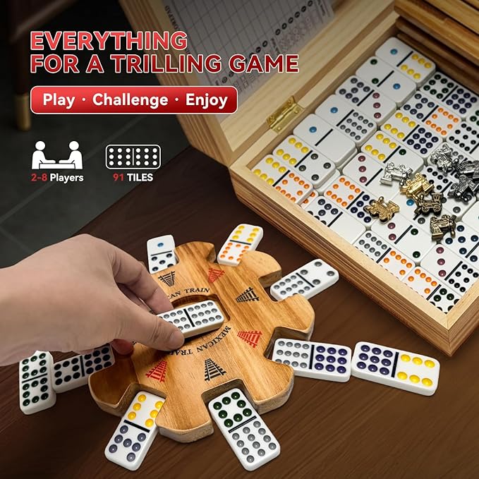 Mexican Train Dominoes Set with 8 Charcoal-burned Wooden Holders & Hub, Double 12 Dominos Set Colored Dot 91 Tiles in Vintage Wooden Case, Travel Dominos Set Metal Trains for Adults Family Game
