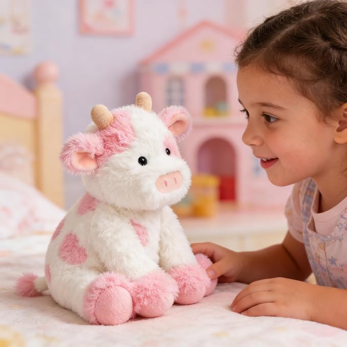 Hopearl Adorable Plush Cow Toy Floppy Dairy Cattle Soft Kawaii Stuffed Animal Cute Birthday Holiday Gift for Boys Girls Kids Toddlers, Pink, 9''