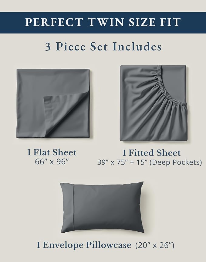 LANE LINEN Twin Bed Sheets 100% Organic Cotton Soft 3pc Percale - Charcoal | Twin Sheet Set, GOTS Certified Organic Cotton Percale - Crisp Hotel-Style Feel, Soft From The First Wash, Great For Gifting