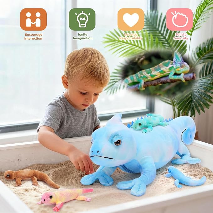 MorisMos 27" Giant Chameleon Stuffed Animal with Baby Lizard Toys Inside, 5Pcs Mama & Baby Stuffed Lizard Plush Toys for Kids, Realistic Rainbow Chameleon Plush Toy, Jungle Birthday Gift & Room Decor