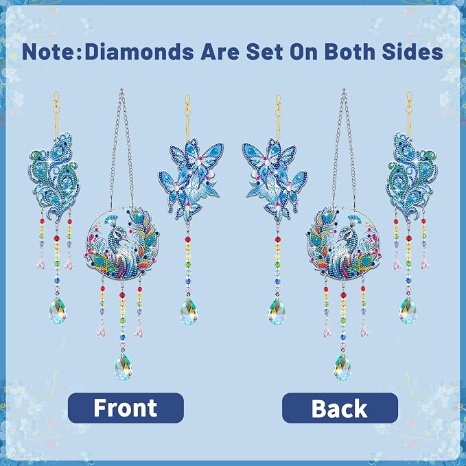 Arts and Crafts for Girls Ages 6-12, DIY Diamond Painting Kits for Kids Teens Adults, Birthday Gifts for 6 7 8 9 10 11 12 Year Old Girls, Peacock Butterfly Feather Wind Chimes for Home Garden Decor