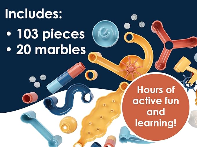 MindWare Marble Run – Neutral Colors | 103-Piece Marble Run Set with 20 Marbles | STEM Construction Toy for Kids