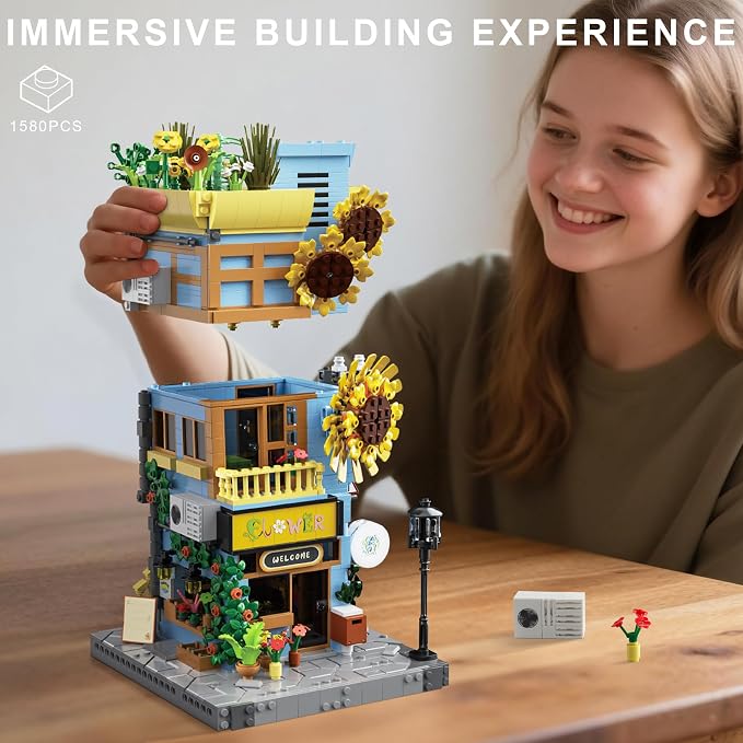 Sunflower House Building Set with LED Light, 3-Story Japanese Street View House Blocks, 1580PCS Creator Architecture Model Building Kit, Home Office Decor Gift for Adults