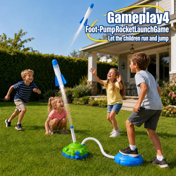 4-in-1 Water Sprinkler Toy for Kids,Backyard Outdoor Water Toys with Water-Spraying Rocket, Baseball Game, Rocket Launcher, Spinning Spray,Summer Yard Water Toys for Boys Girls Ages 4-12
