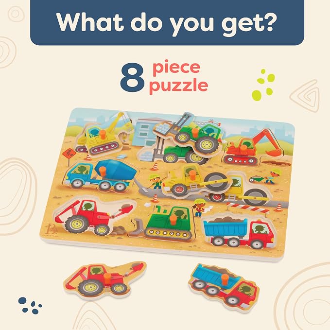 B. toys – Peek & Explore – Construction Trucks – Wooden Peg Puzzle – Peg Puzzle for Toddlers, Kids – 8 Construction Vehicle Pieces – Dump Truck, Cement Mixer, Excavator & More – 2+ Years