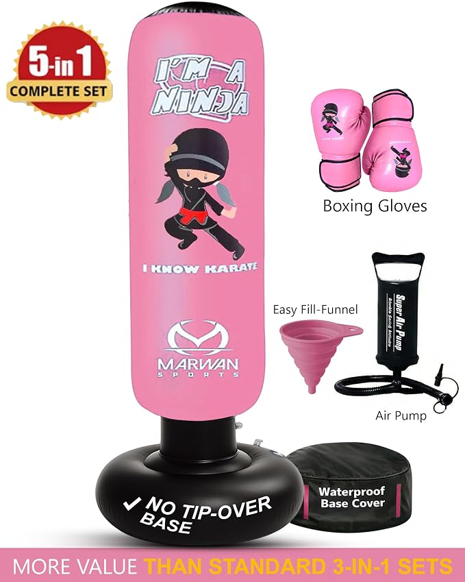 Marwan Sports Ninja Kids Punching Bag — Inflatable Sensory Toy & Birthday Gift for Boys & Girls Ages 4-12, 63" Freestanding 5-in-1 Kit, Indoor Apartment-Quiet Sensory-Friendly Active Play