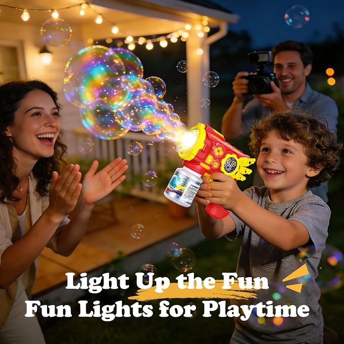 Bubble Gun, Automatic Bubble Machine for Kids with Lights, 2 Pack | 2-pack red and blue bubble guns with lights and leak-resistant bottles for ages 3+, outdoor parties and backyard play.