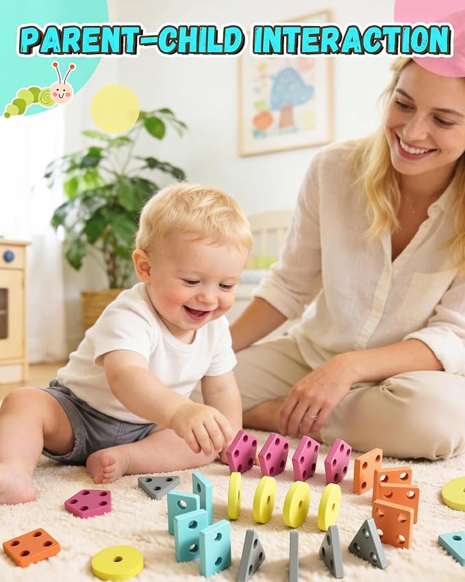 Zeewoo Montessori Toys for 1 2 Year Old Girl Gifts Educational for 1-3 Year Old Caterpillar Wooden Shape Sorter Stacking Toys for Toddlers 2-4 Preschool Learning Toy Birthday Boy Girl Gift
