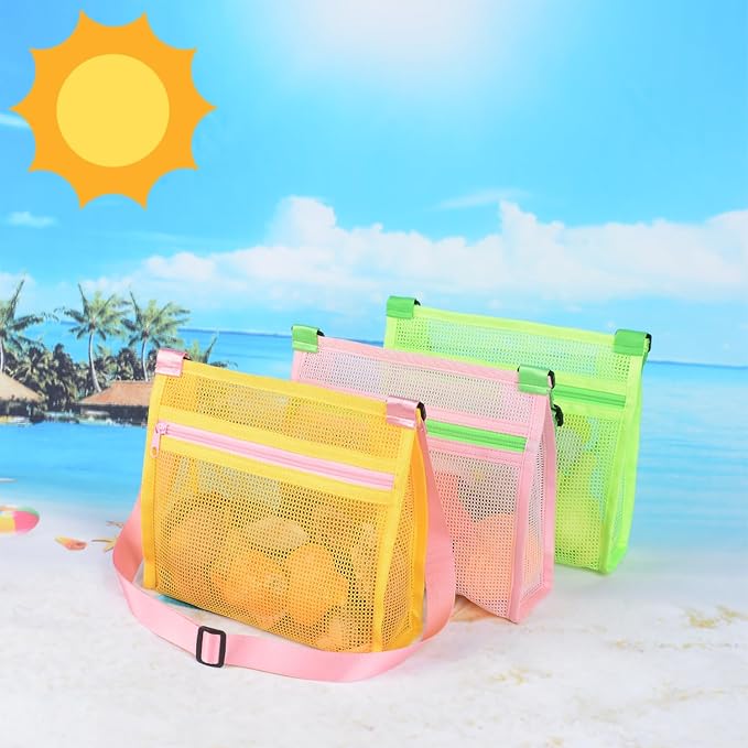 MUYIZI Mesh Beach Bag for Shells Collecting 3 Pack,Sea Shell Bags for Picking Up Shells,Beach Shell Bag for Kids,Shell Bags for Beach, Sand Toys Beach Toys Swimming Accessories for Boys and Girls