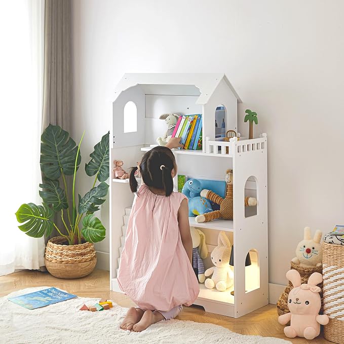 Wooden Dollhouse Bookshelf, 3-Tier Kids Dollhouse Bookcase for Books & Toys Storage Organizer Shelves, Large Doll House for Kids Rooms, Playroom, Nursery, Classroom Gift for Aged 3+