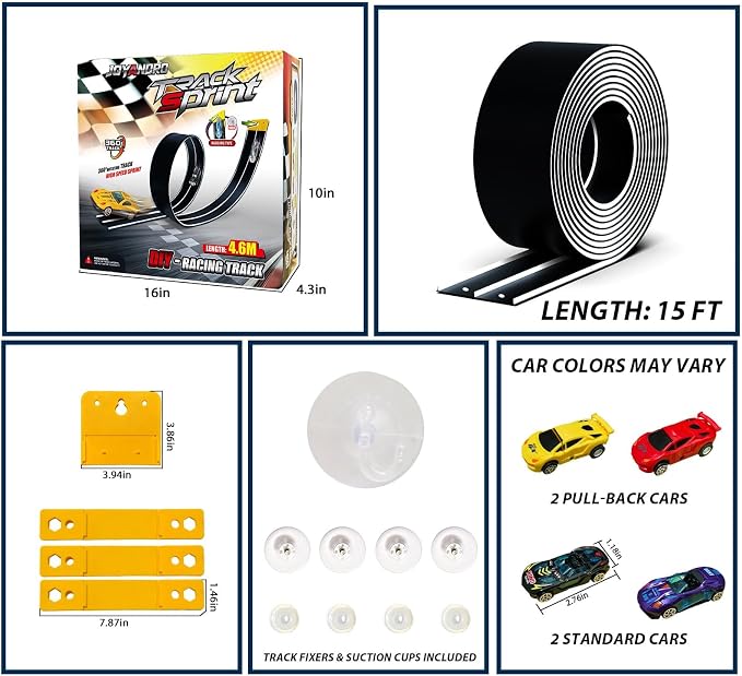 15 Ft Flexible Race Car Track for Kids,Flex Track Starter Set Compatible with Hot Wheels and Diecast 1/64th Cars,Portable Racetrack Roll Up Race Track with 4 Racecars and Suction Cups
