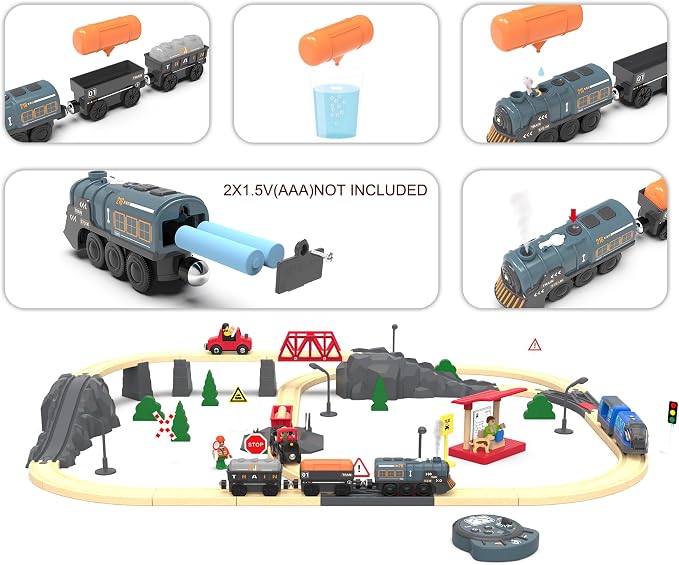 Remote Control Steam Train for Wooden Tracks – RC Train Set with Realistic Smoke, Lights & Sound, Motorized Toy Train Compatible with Thomas & Friends, Brio, for Kids Ages 3-8
