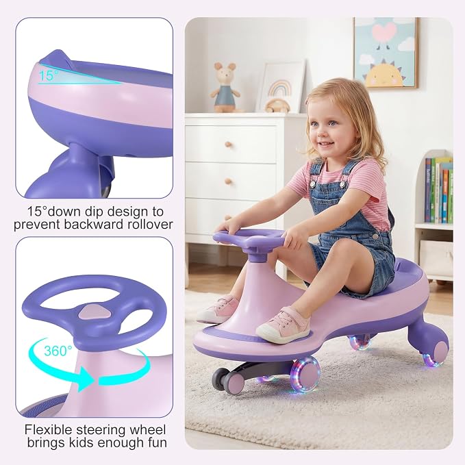 BABY JOY Wiggle Car for Kids, Swing Car with LED Flashing Wheels, No Batteries, Gears or Pedals, Uses Twist, Turn, Wiggle Movement to Steer, Ride-on Toy for Boys Girls 3 Year Old and Up (Purple)