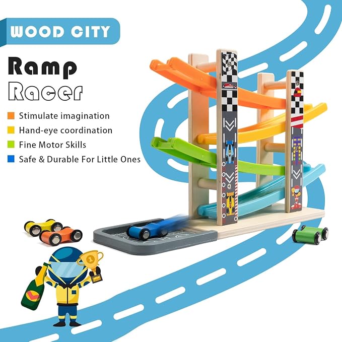 WOOD CITY Wooden Car Ramp Racer Toy Vehicle Set with 4 Mini Cars & Race Tracks, Toddler Toys Montessori Cars Toys Birthday Gift for Kids Boys and Girls