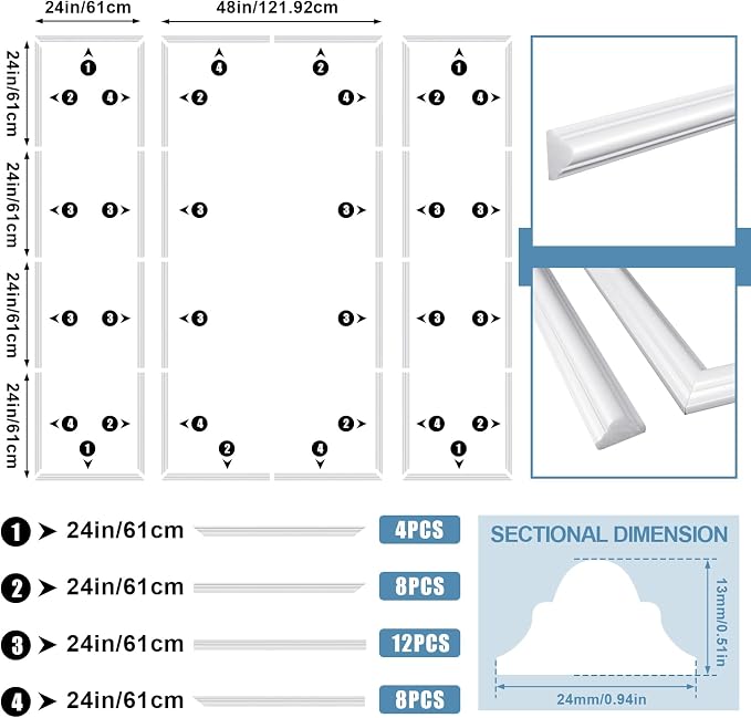 Pangda Peel and Stick Wall Molding Kit, 3D Premade Accent Molding Wainscoting Panel for Interior Wall Moulding Decor, Ready to Assemble Wainscoting Accent Panel(3 Set,24x96 in+48x96 in+ 24x96 in)