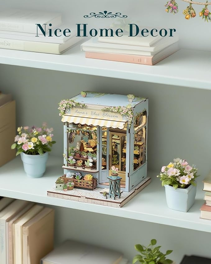 Cutefun Book Nook Kit - DIY Miniature Flower Shop Dollhouse Kit for Adults and Teens, 3D Wooden Puzzle Bookshelf Insert Decor with LED Light, Gifts for Book Lovers and Beginners (Anna's Blue Blossom)