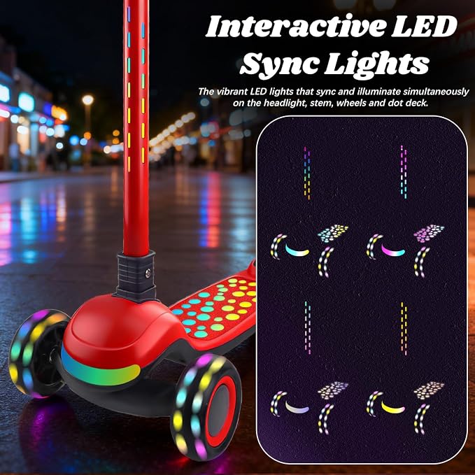 Light Up 3 Wheel Kick Scooter for Kids Toddlers with LED Sync Lights, Flashing Stem & Wide Polka Dot Deck Adjustable Height Music Function Safe Sturdy Folding Scooter for Kids