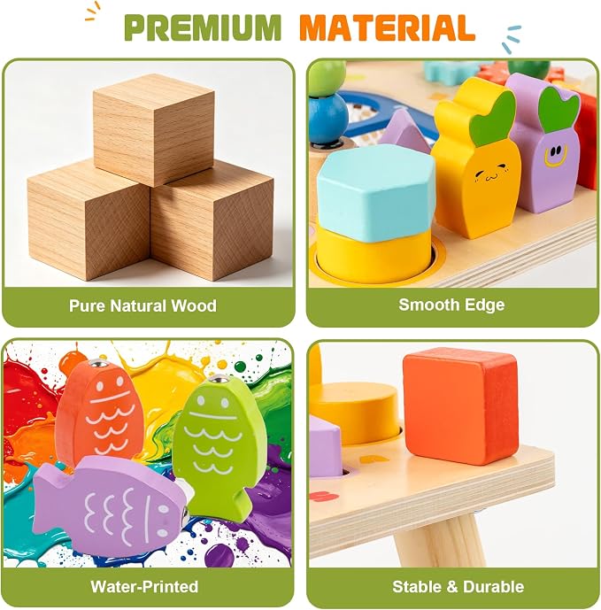Baby Activity Table for 1 Year Old, Wooden Sensory Table Activity Center with Bead Maze with Shape Sorter Fishing Game, 8 in 1 Learning Toys for Baby 12+ Months Boys Girls Gifts