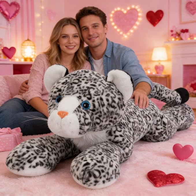 MorisMos Giant Snow Leopard Stuffed Animal Plush Pillow 4ft, 47" Extra Large Stuffed Cheetah Pillow for Kids & Adults,Realistic Snow Leopard Plush for Christmas Birthday Gift Safari/Jungle Party Decor