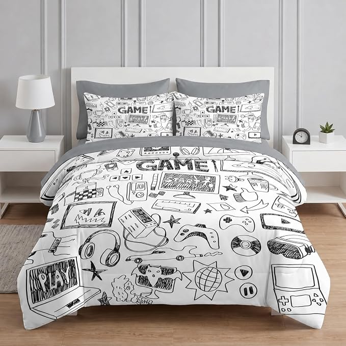 Nesker 7 Pcs Comforter Set Queen Size, Computer Games Doodles Bedding for Kids Teen, Gamer Gaming Black with Fitted Sheet 2 Pillowcases & 2 Shams for Bedroom Bed Decor