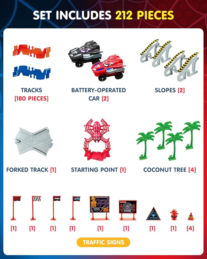 Spider Hero Race Track Toy for Boys 4-6, 212PCS Flexible Car Track with 2 Spider Cars, STEM DIY Track Playset Gift for Kids Ages 3 4 5 6 7 8