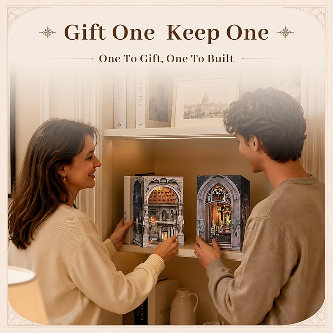 2 Pack DIY Book Nook Kit, Pantheon & Duomo di Milano Architecture Miniature with LED Light & Dust Cover, Dynamic Moving Light Effect, Easy Assembly Wooden Craft for Adults Bookshelf Decor