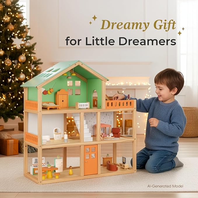 OOOK Large Wooden Dollhouse with 42 Pcs Luxurious Furniture Accessories, 3-Story Doll House 6 Rooms Balcony Wooden Stairs, Ideal Modern Doll House for 3 Year Old