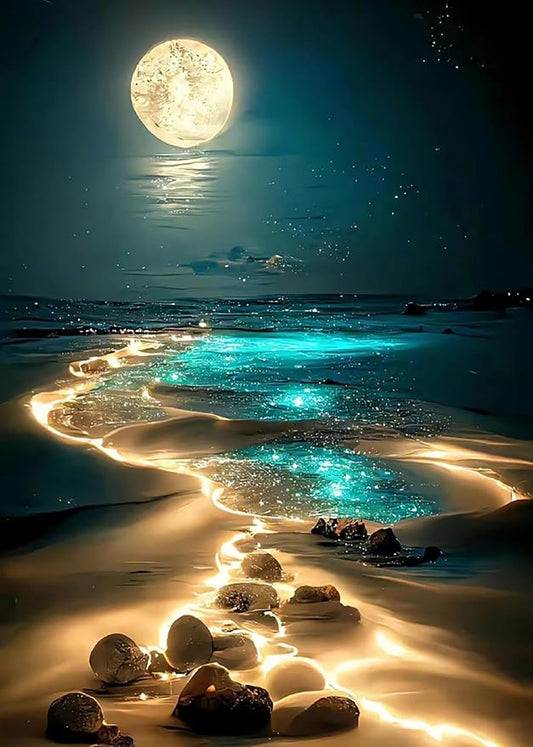 Seaside Moon Wooden Puzzle 500 Pieces Jigsaw Puzzles for Adults Tropical Landscape Ocean Beach Puzzle Educational Toys Challenging Fun Games Gifts for Elders Children Family and Friends