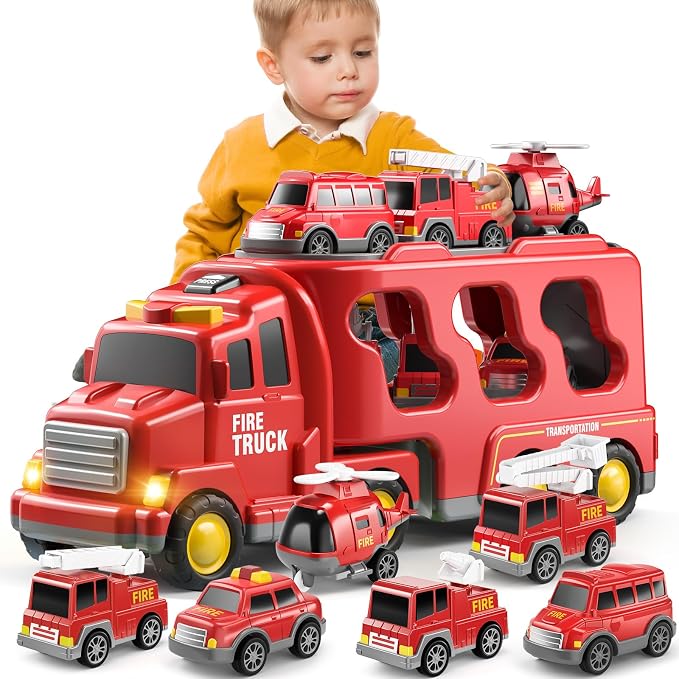 Fire Truck Toys for Toddler 1-3 3-5, Transport Car with Light Sound, 7-in-1 Fire Car Carrier Vehicle Set for Girls 1 2 3 4 5 6 Years Old, Birthdays Gifts for Kids Girls Aged 3-9