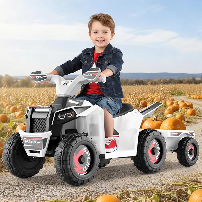 OLAKIDS 6V Kids ATV with Removable Trailer, Forward Backward Function, Widened & Wear-Resistant Wheels, Ride On Toy for Toddlers (White)