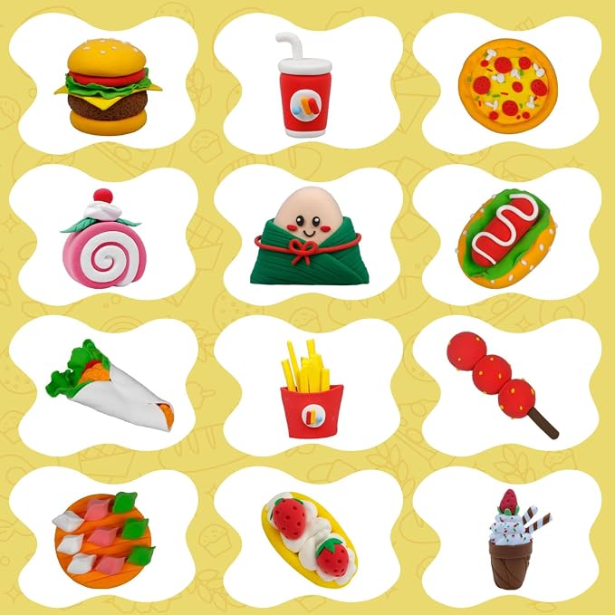 Food Clay Kit for Kids – 12 Mini Food Themes: Pizza, Burger, Fries & More | Air Dry Modeling Set with Tools & Tutorials | Non-Sticky | Creative Gift for Boys Girls 3+