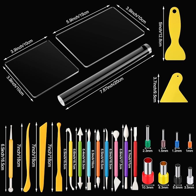 Honoson 57 Pcs Polymer Clay Cutters Tools Set Acrylic Clay Rolling Pin Roller Machine Acrylic Sheet Plastic Scraper Backing Board Stainless Steel Round Circle Shape Cutter for DIY Craft Ceramics