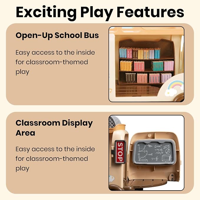 Family School Bus Toy — Mobile Classroom Playset with Bookshelf, Slide, Swing & Soccer Goals, Dollhouse Pretend Play Vehicle, Gift for Kids Ages 3+