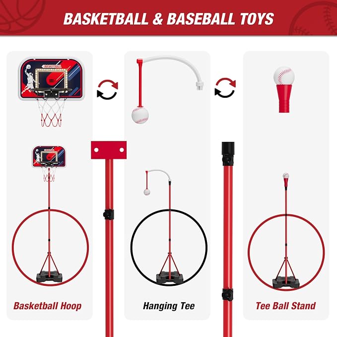 HYES 4 in 1 Kids Basketball Hoop and Tball Set 3-5, Basketball Goal with Scoreboard&LED, Hanging Tee Ball Stand with Baseball Pitching Machine, Indoor Outdoor Sport Toys for Boys 4-8