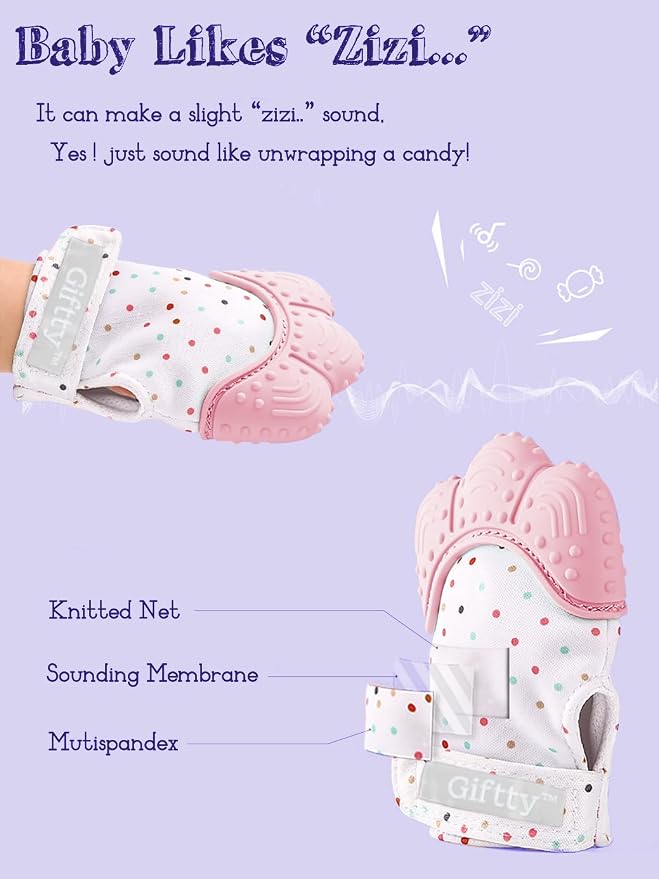 Giftty Baby Teething Mitten, Self-Soothing Teether Glove, Pain Relief Silicone Mitt, Double Breathable, Stay on Baby's Hand, Unisex for Babies 3-12 Months(2 Pink Mittens)