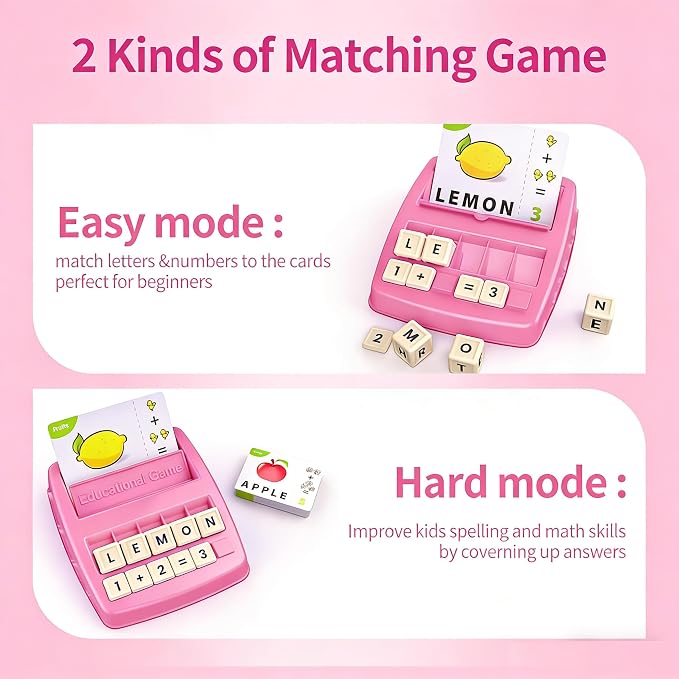 2-in-1 Flash Cards & Education Matching Letter Game for Kids Ages 3-6, Learning Toys ABC Phonics Alphabet Spelling & Reading Early Math Games Gift for Preschool Kindergarten Boys & Girls (Pink)