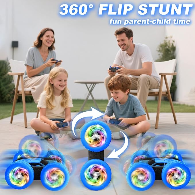 Remote Control Car, Outdoor Toys RC Cars for Kids Ages 6-12, 4WD Double Sided Stunt Vehicle with Upgraded USB-C Modular Batteries, 5 6 7 8 9 10+ Year Old Boy Birthday Blue