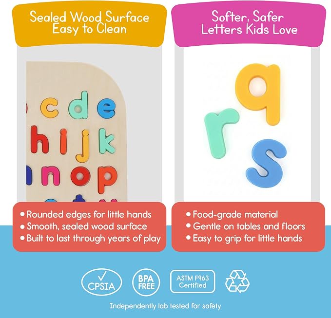 7 Days of Play Lowercase Alphabet Puzzle for Kids, Sensory Bin Insert for Sensory Tables, Silicone Letters, Wooden Fine Motor Learning Toy