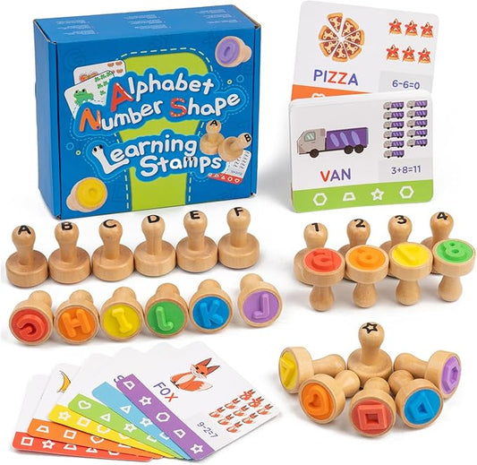Alphabet Number Stamps for Kids, Wooden ABC Spelling Letter Stampers Set with Flashcard Mathematics Learning Number Stampers Arts & Crafts Supplies, Montessori Toy Gifts for 3 4 5 Year Old