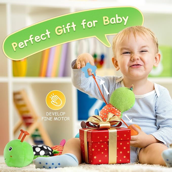 Baby Sensory Musical Caterpillar Plush Toy, Soft Stuffed Animal with Mirror Crinkle Paper Rattle Teether, Tummy Time Play Toy for 0-12 Months Newborn Infant, Baby Shower Gift for Boys Girls, Green