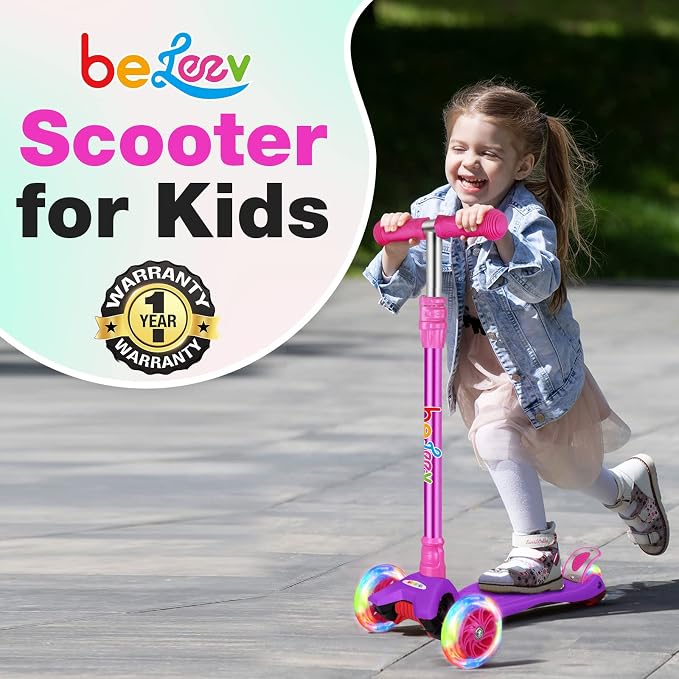 BELEEV Scooters for Kids 3 Wheel Kick Scooter for Toddlers Girls Boys, 4 Adjustable Height, Lean to Steer, Light up Wheels, Extra-Wide Deck, Easy to Assemble for Children Ages 3-12