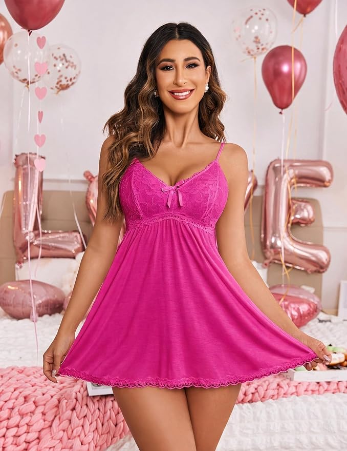 Avidlove Women Nightgown Sexy Sleepwear Lace Chemise V-neck Modal Babydoll Lounge Dress