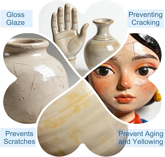 Air Dry Clay Varnish, 200ml Gloss Polymer Clay Glaze, Prevent Clay Cracking, Scratch Resistant, Waterproof, for Pottery, Crafts, Oil Paintings, Clay Sealant with Brush & Measuring Cup