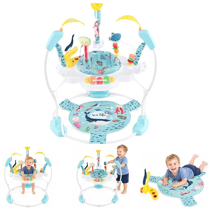 HONEY JOY Baby Bouncer Activity Center, Infant Jumper and Table w/ 360° Rotary Seat, 3 Adjustable Heights, Mat, Music, Lights, Sounds & Developmental Toys, Activity Center for Babies (Light Blue)