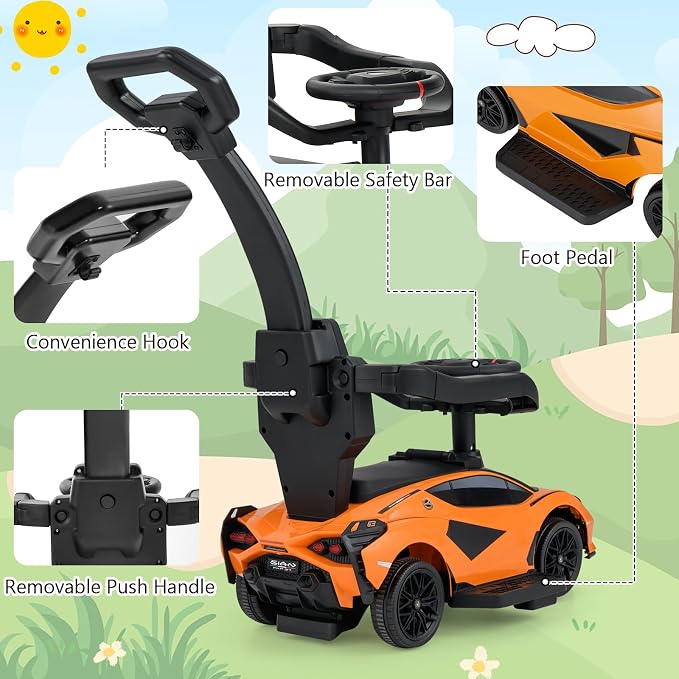 INFANS 3 in 1 Ride on Push Car, Licensed Lamborghini Baby Stroller Sliding Walking Car with Parent Control Handle, Music, USB, Headlight, Under Seat Storage, Foot-to-Floor Toy 18-60 Months (Orange)