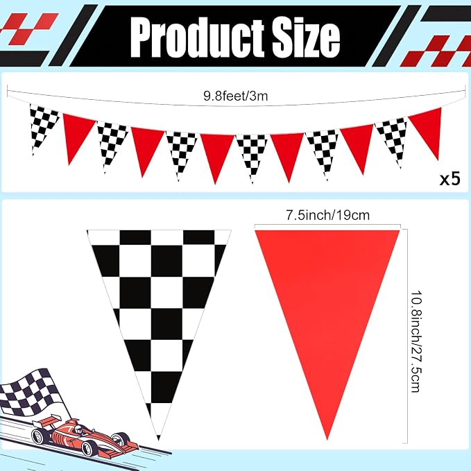 Tiamon 5 Pcs Racing Car Flag Banner Party Decorations Red Black White Checkered Triangle 49.2 Ft Flag Race Car Pennant Banner Garland Streamer for Birthday Baby Shower 2nd Two Fast Party Supply