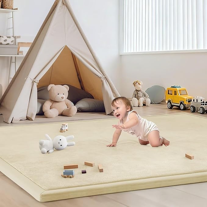 Baby Play Mat for Floor Nursery Rug Muscle Mat Area Rug Playroom Rug 74"x50" Playpen Mat Elastic Foam 1.3" Thick Crawling Mat for Babies,Toddlers, Infants, Kids,Light Beige