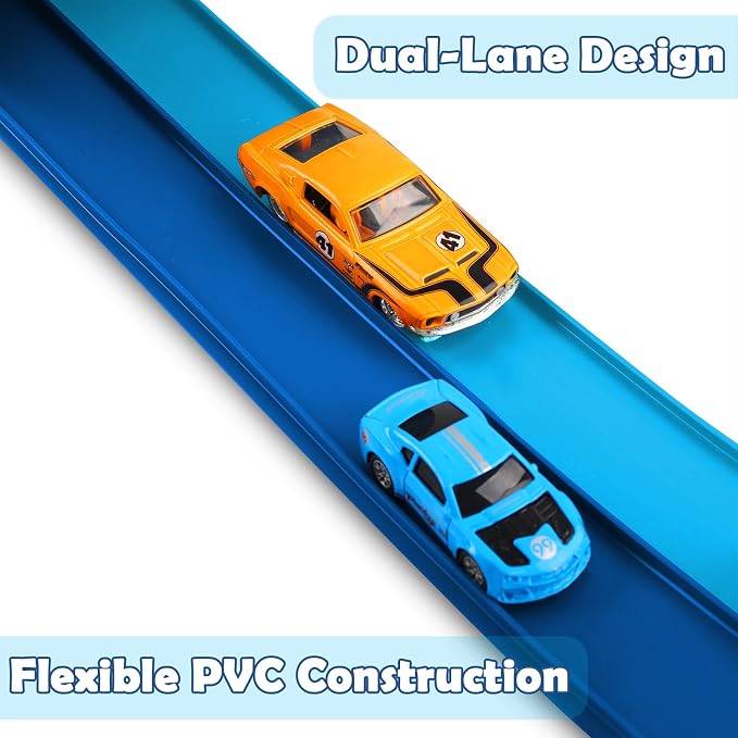 Flex Tracks 15 Ft Starter Set, Flexible Race Track for Kids 3+ with Strong Suction Cups, Flexible Car Track Race Car Ramp Track Compatible with 1/64 Diecast Cars, Portable Rolls Up Race Tracks